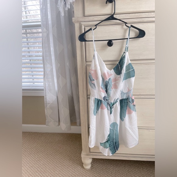 Pants - White romper with greenery and pink design